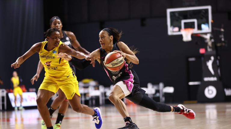 Chennedy Carter #3 of the Atlanta Dream handles the ball against the Indiana Fever on September 1, 2020 at Feld Entertainment Center in Palmetto, Florida.