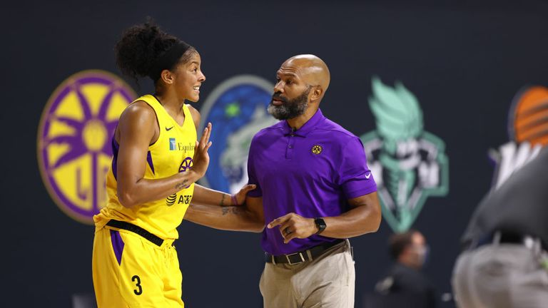 Head Coach Derek Fisher and Candace Parker #3 of the Los Angeles Sparks talk during the game against the Minnesota Lynx on August 9, 2020 at Feld Entertainment Center in Palmetto, Florida.