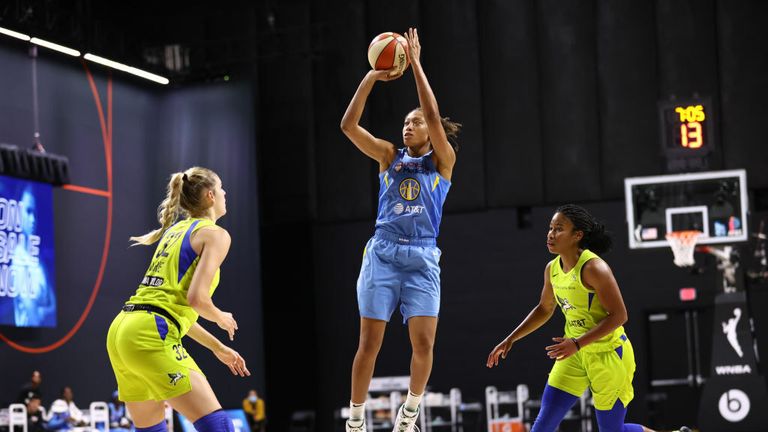 Alexis Prince #3 of the Chicago Sky shoots the ball against the Dallas Wings on September 11, 2020 at Feld Entertainment Center in Palmetto, Florida. 