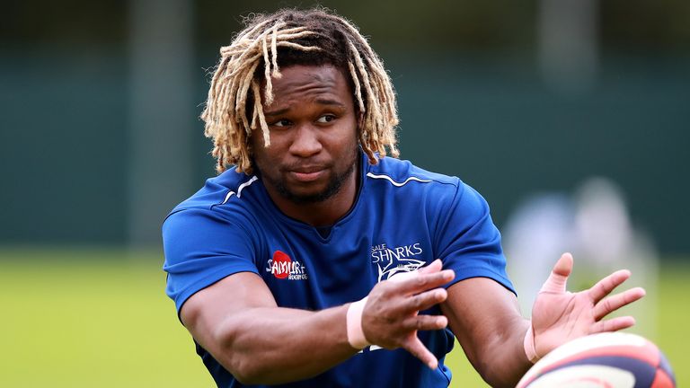 MANCHESTER, ENGLAND - JULY 14: Marland Yarde of Sale Sharks passes the ball during a training session at the Carrington Training Ground on July 14, 2020 in Manchester, England. (Photo by David Rogers/Getty Images)