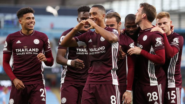 Youri Tielemans celebrates after putting Leicester 5-2 up