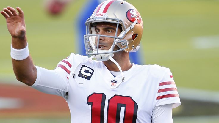 SANTA CLARA, CA - OCTOBER 18: Jimmy Garoppolo #10 of the San Francisco 49ers on the field prior to the game against the Los Angeles Rams at Levi's Stadium on October 18, 2020 in Santa Clara, California. The 49ers defeated the Rams 24-16. (Photo by Michael Zagaris/San Francisco 49ers/Getty Images)  *** Local Caption *** Jimmy Garoppolo