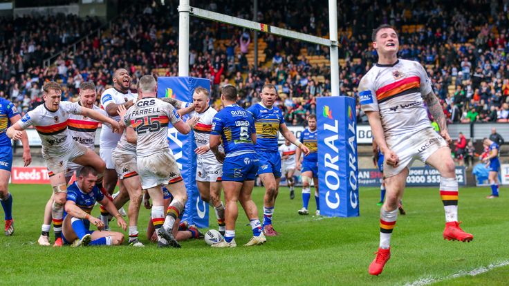 Picture by Alex Whitehead/SWpix.com - 11/05/2019 - Rugby League - Coral Challenge Cup - Bradford Bulls v Leeds Rhinos - Odsal Stadium, Bradford, England - Bradford players celebrate Mikey Wood's try.
