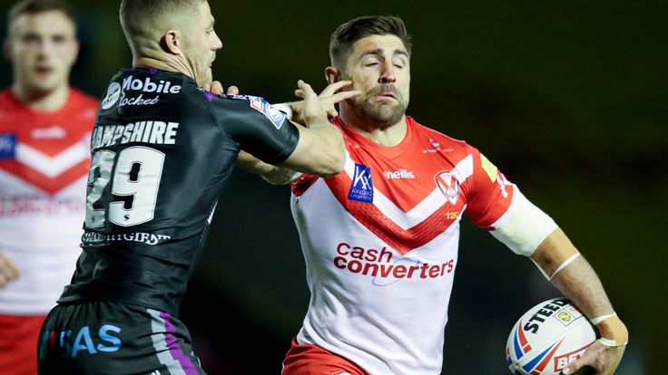 Picture by Paul Currie/SWpix.com - 15/10/2020 - Rugby League - Betfred Super League - St Helens v Wakefield Trinity - Halliwell Jones Stadium, Warrington, England - St Helens' Tom Makinson is tackled by Ryan Hampshire of Wakefield Trinity