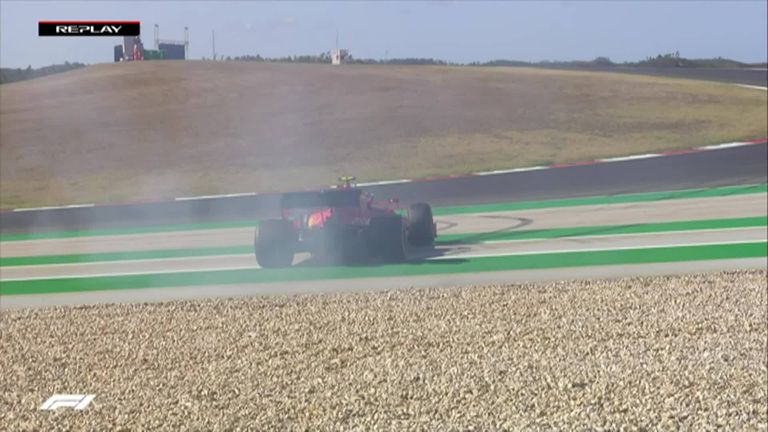 Ferrari's Charles Leclerc spins out on turn 14 during practice three at the Portimao Circuit.
