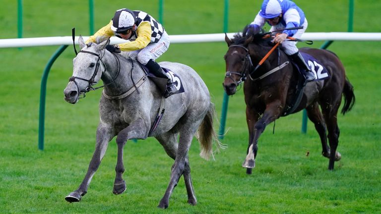 NEWMARKET, ENGLAND - OCTOBER 10: Jason Watson riding Great White Shark win The Together For Racing International Cesarewitch Handicap at Newmarket Racecourse on October 10, 2020 in Newmarket, England. Owners are allowed to attend if they have a runner at the meeting otherwise racing remains behind closed doors to the public due to the Coronavirus pandemic. (Photo by Alan Crowhurst/Getty Images)