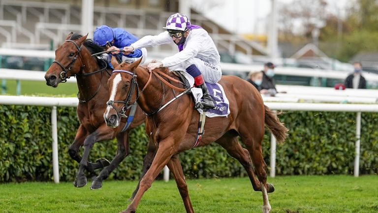 Kevin Manning riding Mac Swiney win The Vertem Futurity Trophy Stakes at Doncaster