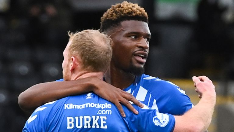 LIVINGSTON, SCOTLAND - OCTOBER 17: Kilmarnock's Chris Burke (L) celebrates making it 2-1 with Aaron Tshibola during a Scottish Premiership match between Livingston and Kilmarnock at the Tony Macaroni Arena, on October 17, 2020, in Livingston, Scotland. (Photo by Paul Devlin / SNS Group)