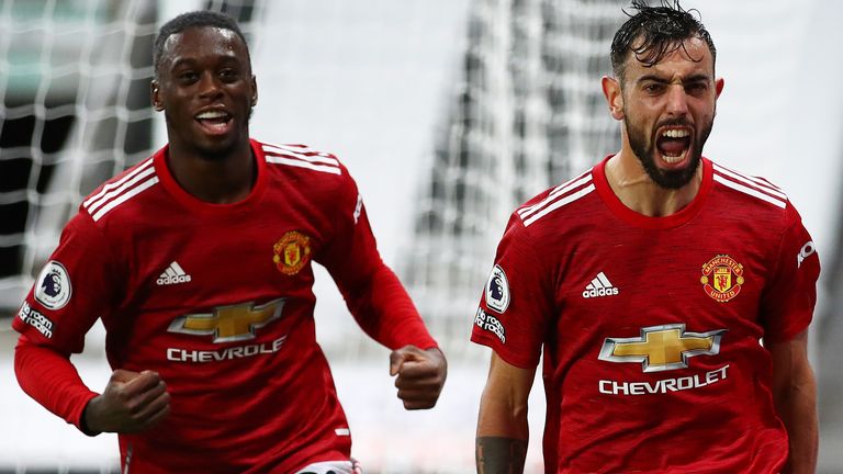 Aaron Wan-Bissaka and Bruno Fernandes celebrate the latter's goal at Newcastle