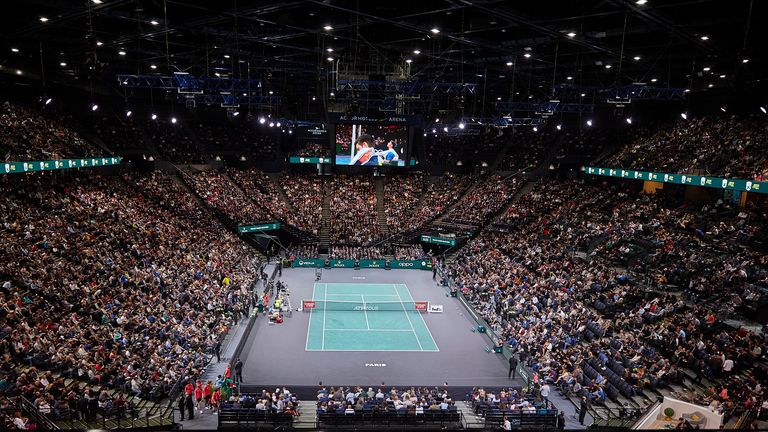 General view inside the AccorHotels Arena during Men&#39;s Singles Final match between Novak Djokovic of Serbia and Denis Shapovalov of Canada during day seven of the Rolex Paris Masters at AccorHotels Arena on November 03, 2019 in Paris, France