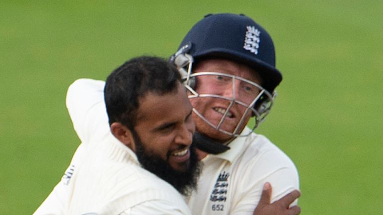 Adil Rashid of England celebrates with Joe Root, Jonny Bairstow and Ben Stokes after taking the wicket of Rishabh Pant of India during the 5th Specsavers Test Match between England and India at The Kia Oval on September 11, 2018 in London, England. (Photo by Visionhaus/Getty Images)