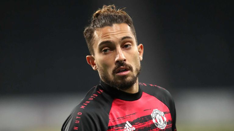 Manchester United's Alex Telles warms up at Newcastle