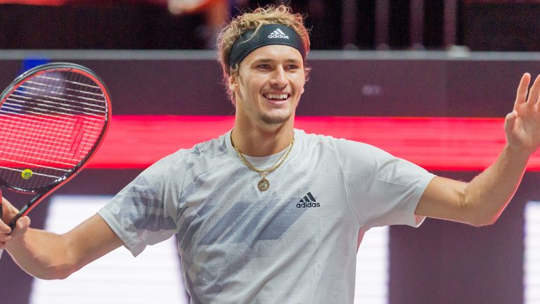 Alexander Zverev of Germany celebrates after the final match between Felix Auger-Aliasime and Alexander Zverev at the seventh day of the Bett1Hulks Indoor tennis tournament at Lanxess Arena on October 18, 2020 in Cologne, Germany.