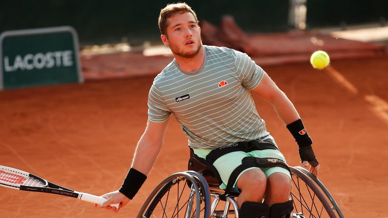Alfie Hewett of Great Britain plays a forehand during his Men&#39;s Wheelchair Singles quarterfinals match against Stephane Houdet of France on day eleven of the 2020 French Open at Roland Garros on October 07, 2020 in Paris, France.