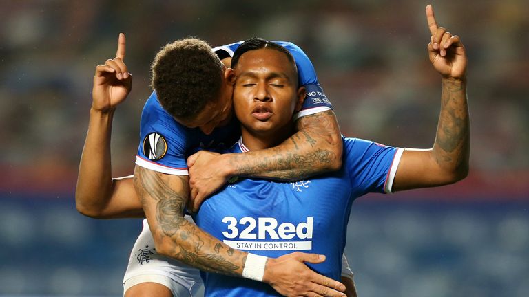 GLASGOW, SCOTLAND - OCTOBER 29: Alfredo Morelos of Rangers celebrates after scoring his team's first goal during the UEFA Europa League Group D stage match between Rangers and Lech Poznan at Ibrox Stadium on October 29, 2020 in Glasgow, Scotland. 