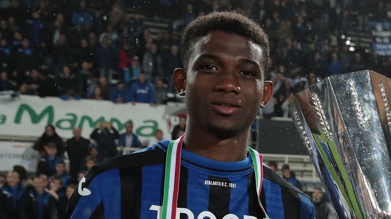 Amad Traore of Atalanta Bc celebrate with the trophy the victory of the Primavera Tim Supercup at the end of the Primavera TIM Supercup match between Atalanta BC U19 and ACF Fiorentina U19 at Gewiss Stadium on October 28, 2019 in Bergamo, Italy.