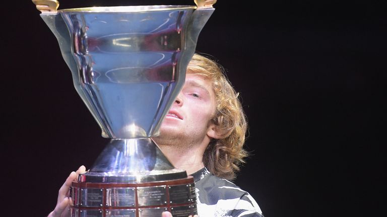 Russia&#39;s Andrey Rublev celebrates after winning the St. Petersburg Open tennis tournament final match against Croatia&#39;s Borna Coric in Saint Petersburg on September 18, 2020