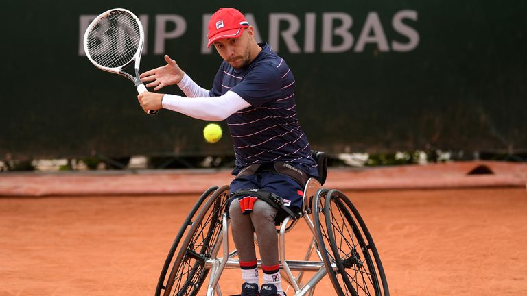 Andy Lapthorne of Great Britain plays a shot during the Men&#39;s Singles Quad Wheelchair semifinal match against David Wagner of United States on day twelve of the 2020 French Open at Roland Garros on October 08, 2020 in Paris, France.