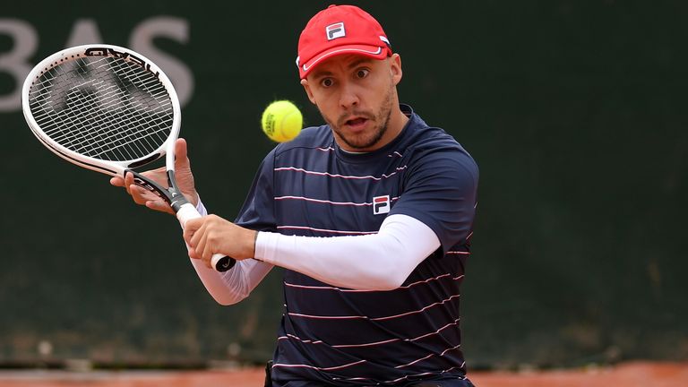 Andy Lapthorne of Great Britain plays a shot during the Men's Singles Quad Wheelchair semifinal match against David Wagner of United States on day twelve of the 2020 French Open at Roland Garros on October 08, 2020 in Paris, France.