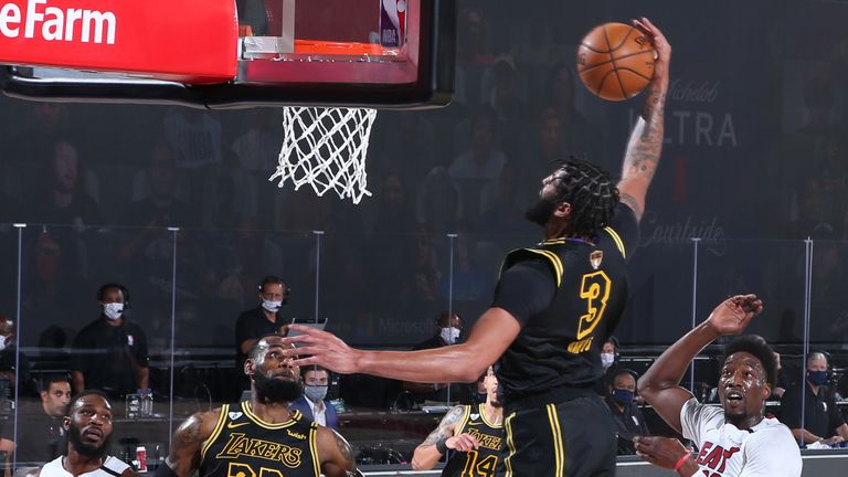 Anthony Davis of the Los Angeles Lakers dunks the ball against the Miami Heat during Game Five of the NBA Finals