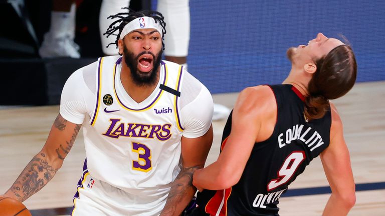 Anthony Davis is called for an offensive foul on Kelly Olynyk in Game 3 of the NBA Finals