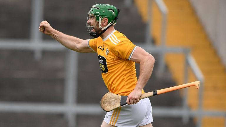 Conor McCann of Antrim celebrates after scoring a goal against Kerry
