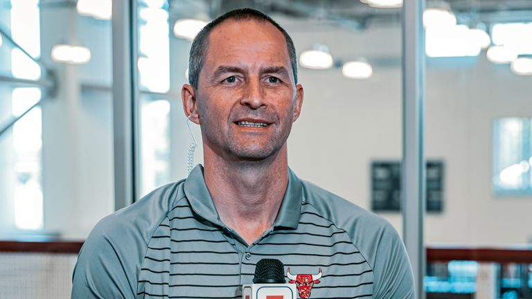 Arturas Karnisovas conducts an interview during a Chicago Bulls mini-camp