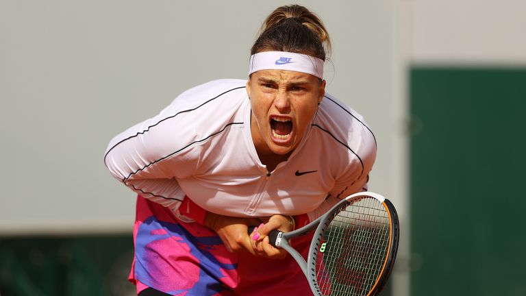 Aryna Sabalenka of Belarus reacts during her Women's Singles second round match against Daria Kasatkina of Russia on day five of the 2020 French Open at Roland Garros on October 01, 2020 in Paris, France