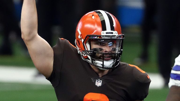 Baker Mayfield celebrates a touchdown against the Cowboys
