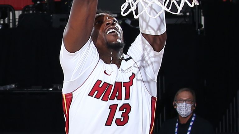 Bam Adebayo dunks during the Miami Heat&#39;s win over the Los Angeles Lakers in Game 5 of the NBA Finals