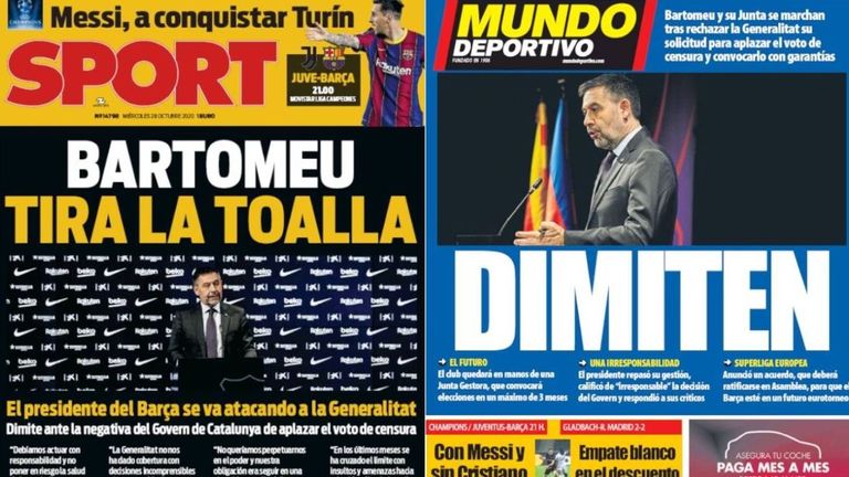 The Spanish publication Sport leads with 'Bartomeu throws in the towel' with 'Resignado' on the cover of Mundo Deportivo 