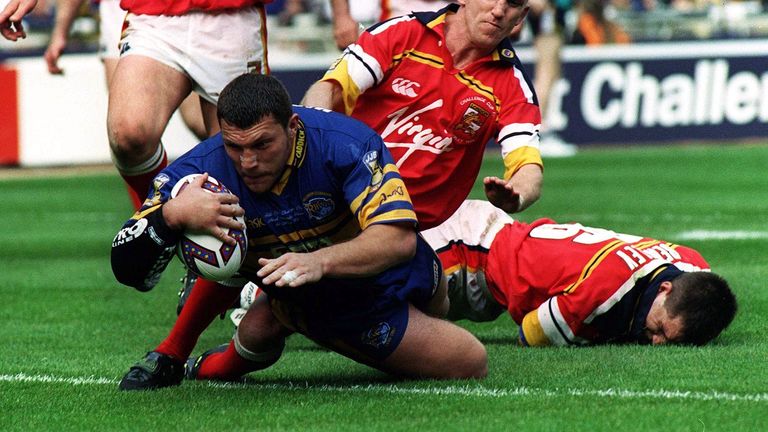 Rugby League McDermott try
Leeds Rhinos' Barrie McDermott dives over for a try against London Broncos duringthe Rugby League Challenge Cup Final at Wembley. Leeds won 52-16.