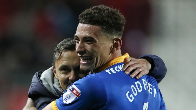 Paul Hurst and Ben Godfrey of Shrewsbury Town celebrate at full time during the Sky Bet League One match between Rotherham United and Shrewsbury Town at The New York Stadium on November 16, 2017