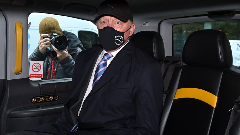 Boris Becker departs Southwark Crown Court after attending an insolvency hearing on October 22, 2020 in London, England. The former tennis star is due in court to face criminal charges over his 2017 bankruptcy, after allegedly failing to declare a number of properties and bank accounts during bankruptcy proceedings