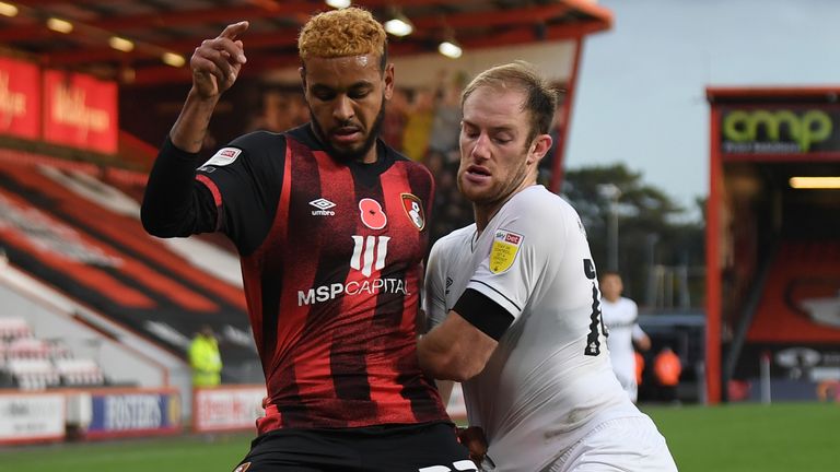 Bournemouth's Josh King looks to win the ball against Derby