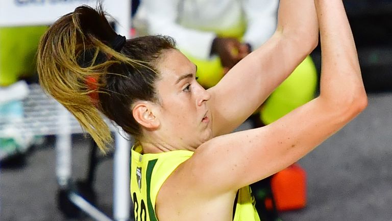 Breanna Stewart fires a jump shot during the Storm's Game 1 win over the Aces in the WNBA Finals