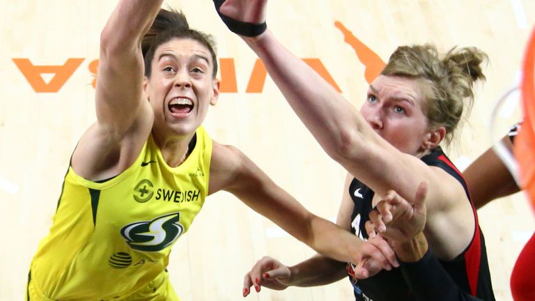 Breanna Stewart competes for a rebound during Seattle&#39;s victory over Las Vegas in Game 1 of the WNBA Finals