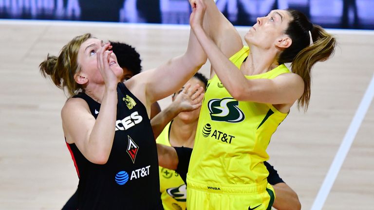 Breanna Stewart leaps to win a jump-ball in the Game 2 of the WNBA Finals