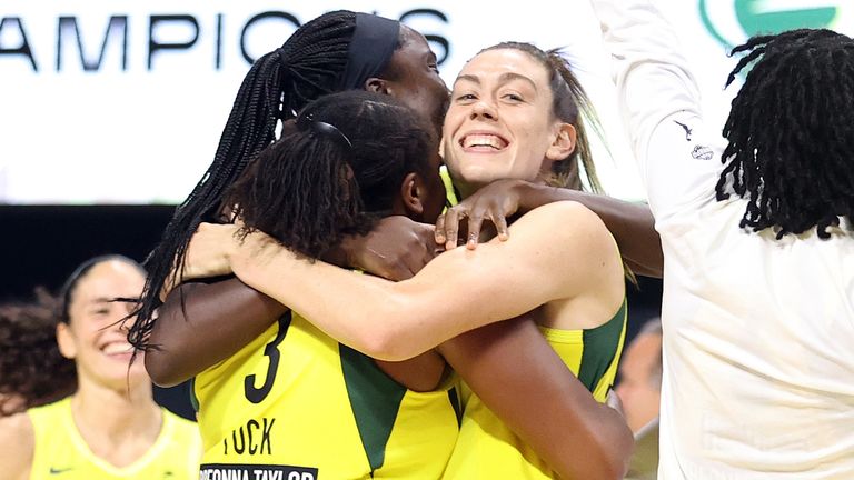 Breanna Stewart celebrates with her team-mates after the Seattle Storm sealed the 2020 WNBA championship