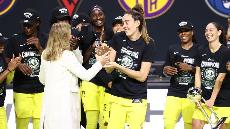 Breanna Stewart of the Seattle Storm is presented with the MVP Award after winning the 2020 WNBA Championship in Game Three of the WNBA Finals against the Las Vegas Aces