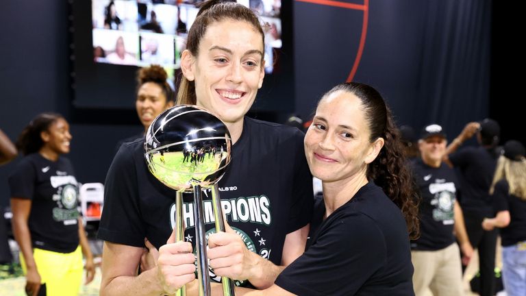 Seattle Storm stars Breanna Stewart and Sue Bird celebrate after winning the 2020 WNBA championship