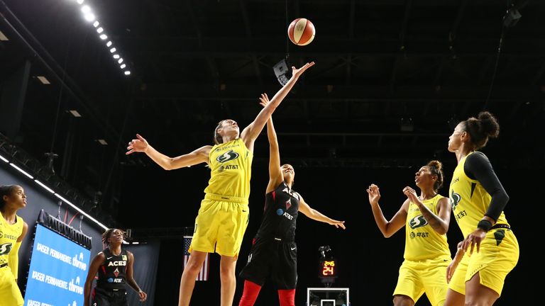 Breanna Stewart of the Seattle Storm reaches for the ball during the game against the Las Vegas Aces during Game Three of the WNBA Finals