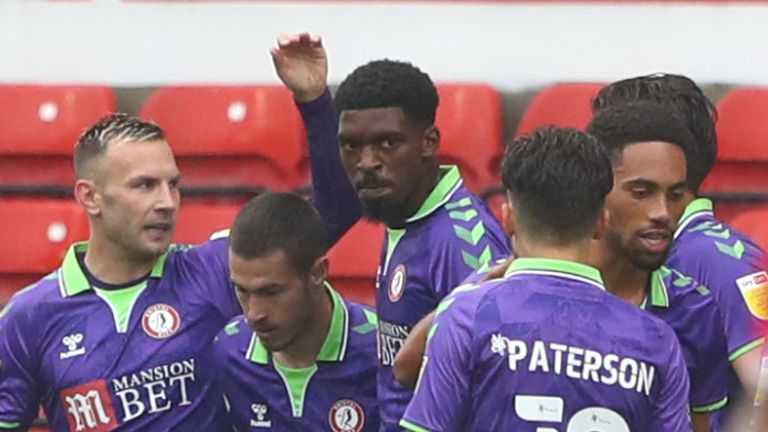 Bristol City celebrate after taking the lead through Andreas Weimann