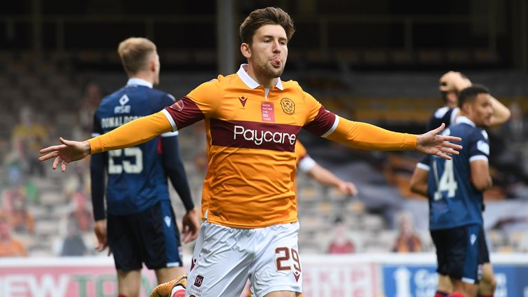 Callum Lang celebrates his goal to make it 3-0 to Motherwell