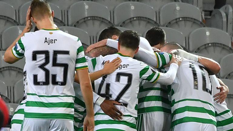 Celtic players celebrate scoring against Lille 