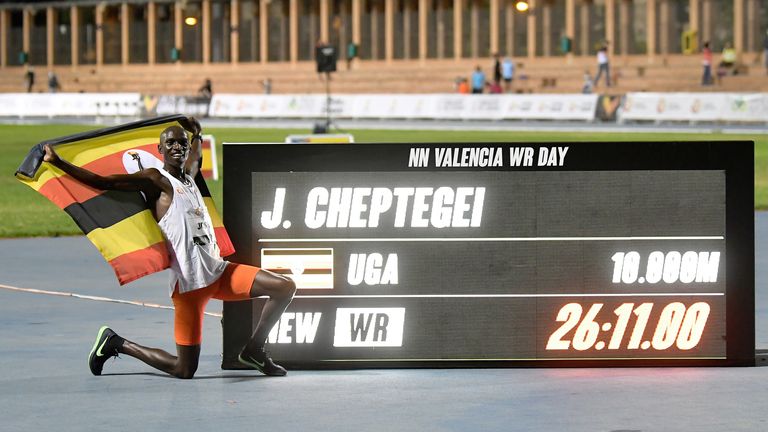 Cheptegei celebrates after breaking the 10,000m track world record during 'World Record Day' in Valencia