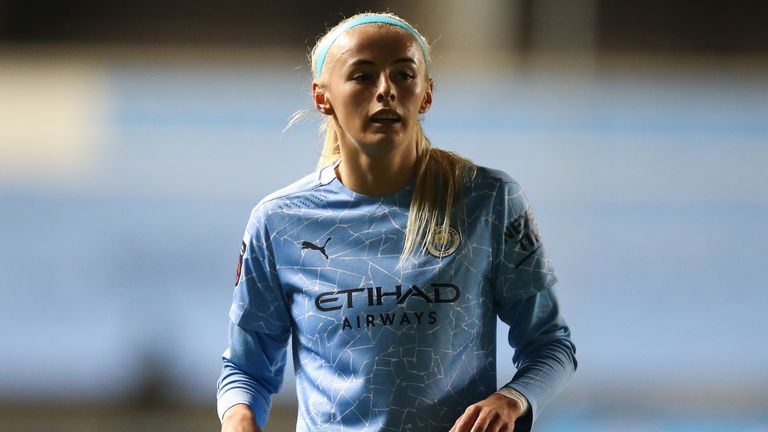  Chloe Kelly of Manchester City Women during the Vitality Women's FA Cup Semi Final match between Manchester City and Arsenal on October 1, 2020 in Manchester, England. Sporting stadiums around the UK remain under strict restrictions due to the Coronavirus Pandemic as Government social distancing laws prohibit fans inside venues resulting in games being played behind closed doors.