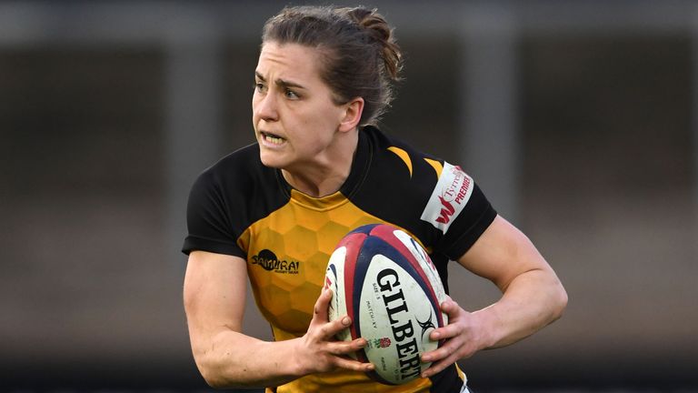 Wasps player Claudia MacDonald in action during the Tyrrells Premier 15s match between Gloucester Hartpury and Wasps Ladies at Kingsholm Stadium on March 23, 2019 in Gloucester, England