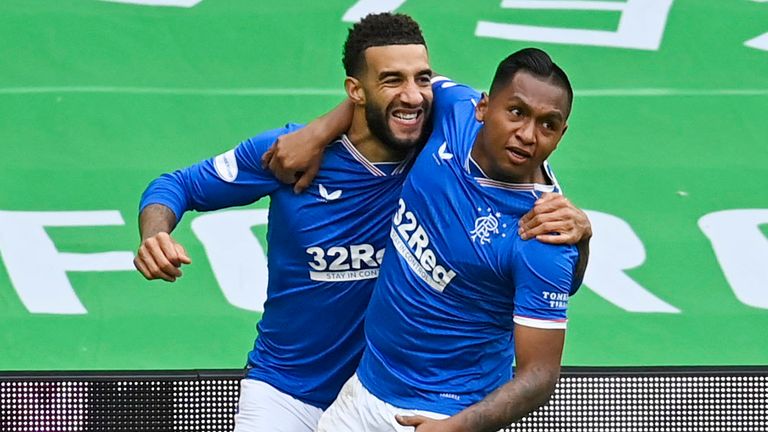 Connor Goldson celebrates with Alfredo Morelos after making it 2-0