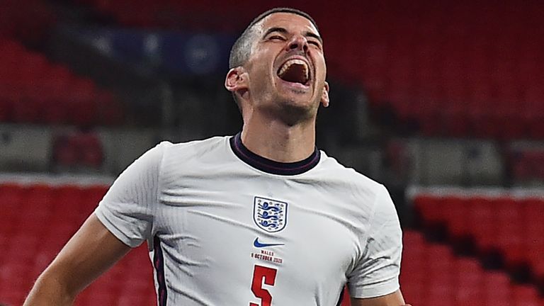 Conor Coady celebrates scoring his first England goal against Wales